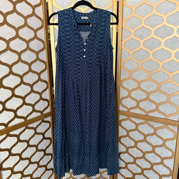 Faherty Size Small Blue Floral Print Linen Blend Sleeveless Pintucked Midi Dress - Picture 2 of 15